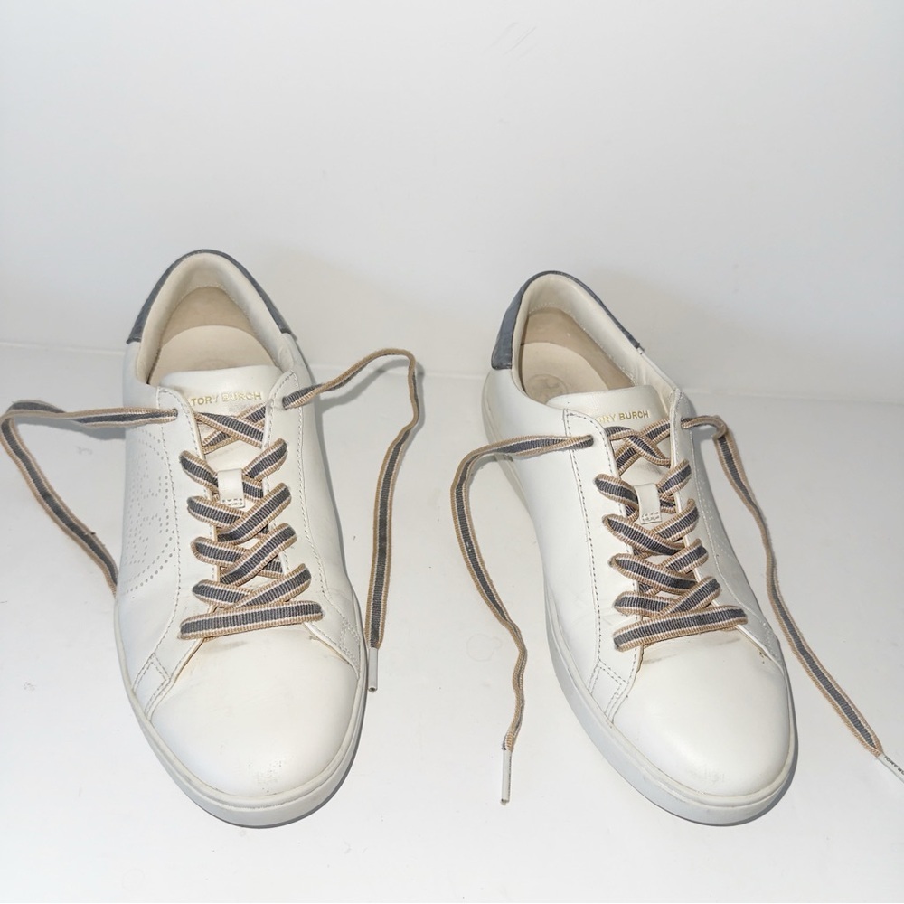 Tory Burch Leigh T-Logo Sneaker White/Gray Croc Sz 9 Athleisure Casual Everyday - Picture 6 of 14